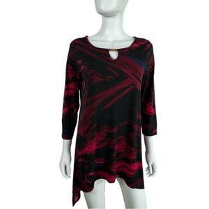 Cato Women’s  Asymmetrical Red Shades Brush Stroke Design 3/4 Sleeve Tunic Top